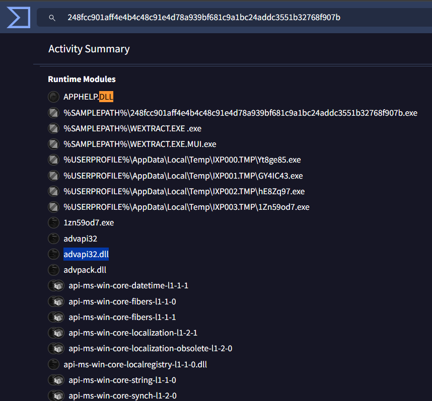 ANY.RUN Activity Summary for SHA-256 248fcc901... showing Runtime Modules list: APPHELP.DLL highlighted in orange at the top, followed by the sample executables (WEXTRACT.EXE .exe, WEXTRACT.EXE .MUI.exe) and four dropped executables in %USERPROFILE%\AppData\Local\Temp\IXP000.TMP through IXP003.TMP with randomized names (Yt8ge85.exe, GY4IC43.exe, hE8Zq97.exe, 1Zn59od7.exe). Below: 1zn59od7.exe, advapi32, advapi32.dll (highlighted in blue), advpck.dll, and multiple api-ms-win-core-* system DLLs.